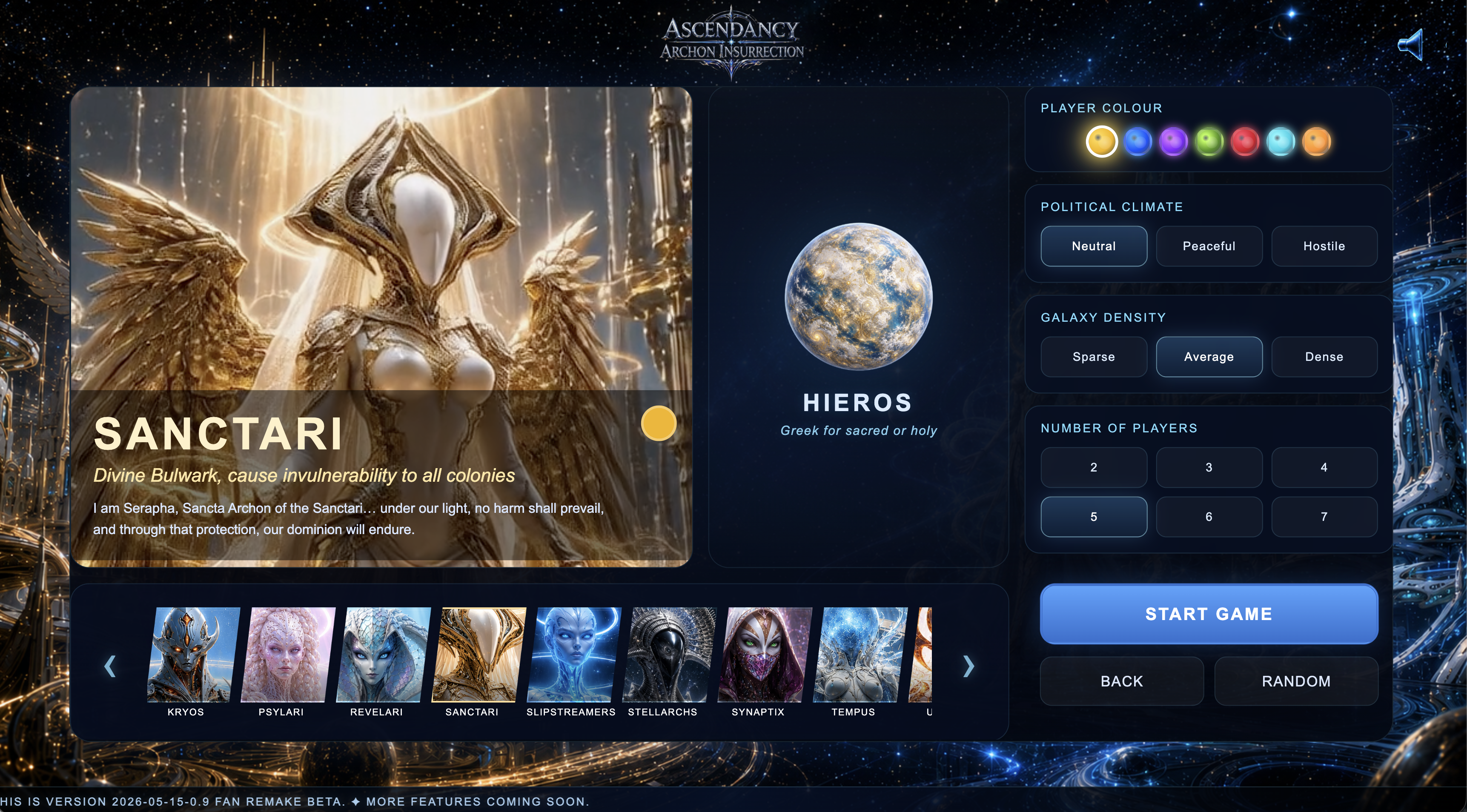 Game Setup: Species Selection Screen